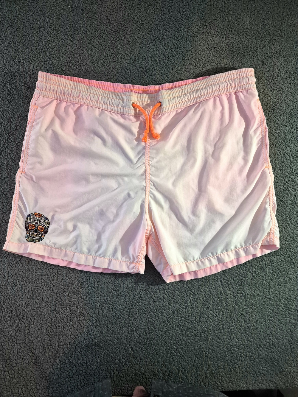Men's Les Canebiers Pink/White Mash Swim Shorts with Embroidered Skull Patch